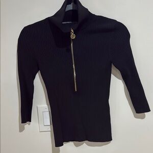 Maje Moseta Black Turtleneck Sweater with 3/4 Gold Zipper, 3/4 sleeve. Size 1.